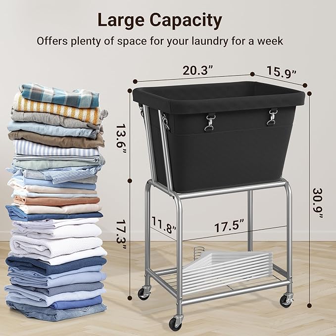 ELYKEN Rolling Laundry Hamper with Wheels, Laundry Cart with Removable Bag, Heavy Duty Metal Frame, 2-Tier Clothes Basket Hamper with Shelf for Closet, Bedroom, Bathroom, Laundry Room, Black
