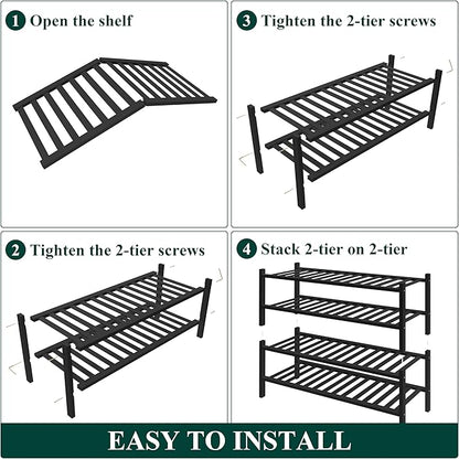 Smiry Bamboo Shoe Rack for Closet, 4 Tier Wooden Stackable Shoe Organizer, Free Standing Shoes Storage Shelf for Entryway, Front Door Entrance, Black