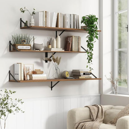 36"W x 12"D Floating Shelves, Walnut Deep Floating Shelves for Wall with Brackets, 12 Inch Deep Wall Shelves for Books, Wide Display Storage Shelves for Bathroom, Living Room, 36 Inch Long, Set of 2