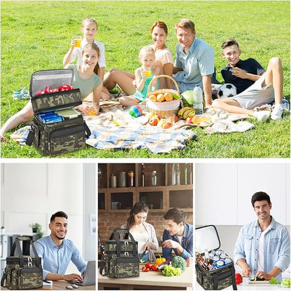 Insulated Lunch Bag & Lunch Box for Men - Double Deck Reusable Lunch Bag for Women Tote Cooler Bag Leakproof Soft Expandable - Large Lunchbox for Work/Adult/Picnic/Outdoor (Camo，15L)