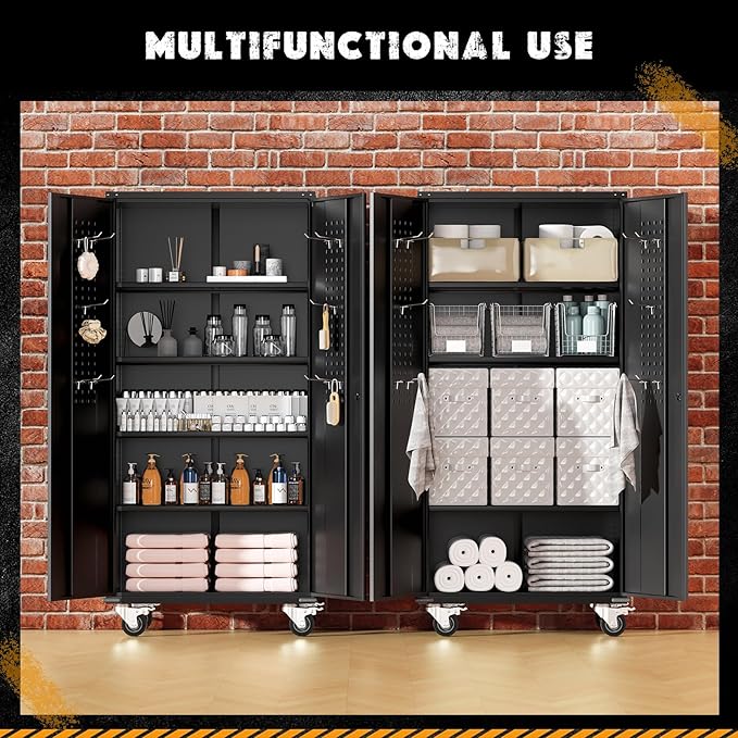 Greenvelly Garage Storage Cabinet with Wheels, Rolling Metal Cabinet with Pegboards and Adjustable Shelves,- 72" Steel Tool Cabinet for Home Office, Garage, Warehouse, Black