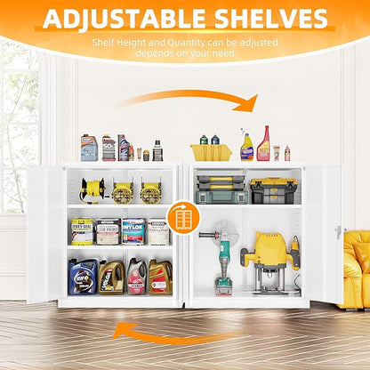 INTERGREAT Metal Cabinet with Lock, Lockable Metal Storage Cabinets with Doors and Shelves for Garage, White Locking Garage Storage Cabinets 36"×32"×16"