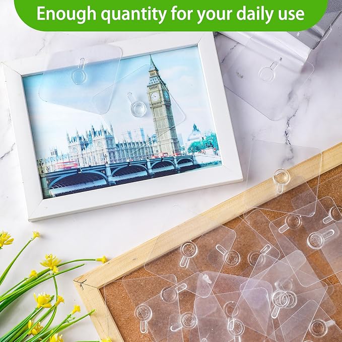 Wenqik 30 Pcs Adhesive Picture Hanger Foamboard Picture Hanging Hooks Without Nails Plastic Sticky Photo Hooks for Home Wall Art Photo Frame Bathroom Closet (Transparent Style)