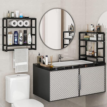 Over The Toilet Storage Bathroom Shelves Wall Mounted 3 Tier Space Saver Corner Shelf Organizer Bamboo Towel Rack Toilet Paper Cabinet with Hanging Rod Black Sets