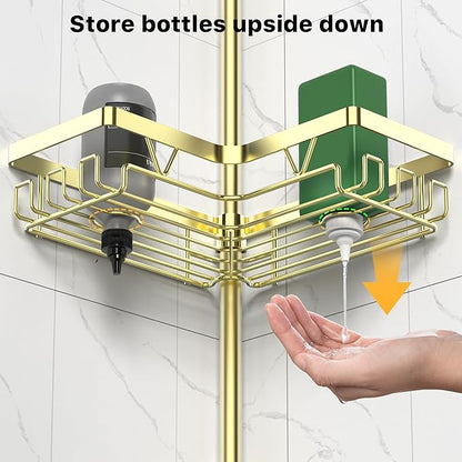 Shower Caddy Tension Pole - Gold Corner Shower Caddy Stainless Steel Bathroom Shower Organizer for Tub Tension Rod Corner Shower Shelves(22-114.2inch)