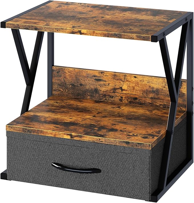 aboxoo Printer Stand for Desk with Storage Drawer, 2 Tier Desktop Or UnderDesk Shelf, Multi-Purpose Desk Organizer for Home Office, fit Fax Machine/3D Printer/Scanner, Rustic Brown
