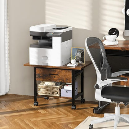 Aetheris Heavy-Duty Printer Stand with Locking Wheels, 2 -Tier Under Desk Table with Storage Drawer, Large Rolling Cart, Printer Table, Fits Printer Scanner Fax Machine, 22" x 15" x 18.3", Brown