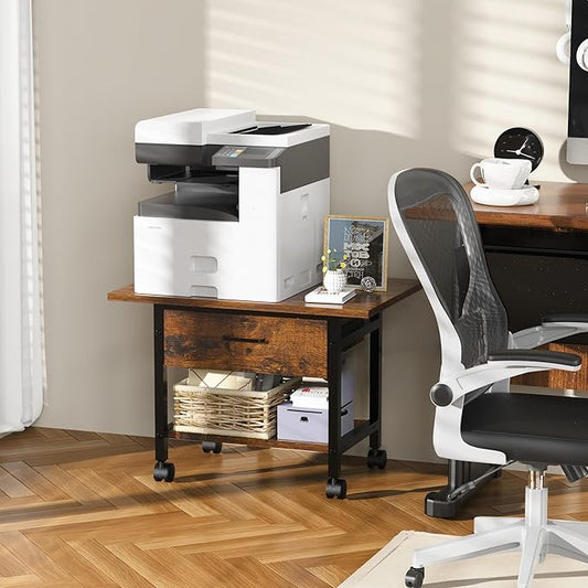 Aetheris Heavy-Duty Printer Stand with Locking Wheels, 2 -Tier Under Desk Table with Storage Drawer, Large Rolling Cart, Printer Table, Fits Printer Scanner Fax Machine, 22" x 15" x 18.3", Brown