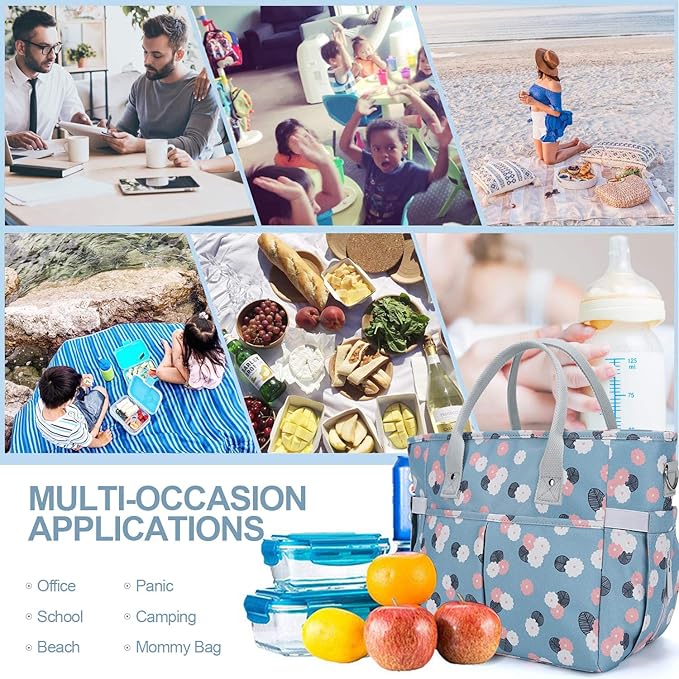 KIPBELIF Cute&Classy Roomy Insulated Lunch Bags for Women - Stylish & Functional Large Tote Adult Lunch Box for Working & Picnic(Extra Large,Light Blue Plum)