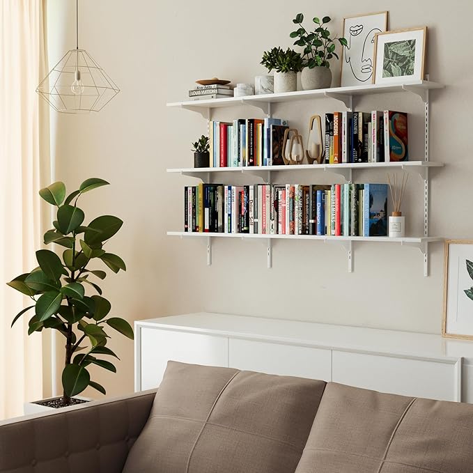 Wallniture Turin 60 inch x 8 in Wall Shelf for Home Storage and Decor, Floating Bookshelf for Living Room, Ladder Shelves with Adjustable Standard Rail Bracket System for Closet, Laundry, Kitchen