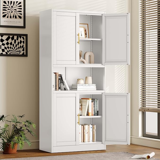 61.02" Kitchen Pantry Cabinet, Large Metal Storage Cabinet with 4 Doors and 1 Open Storage Compartment, Corner Display Organizer with 2 Adjustable Shelves for Kitchen Bedroom or Hallways (White)