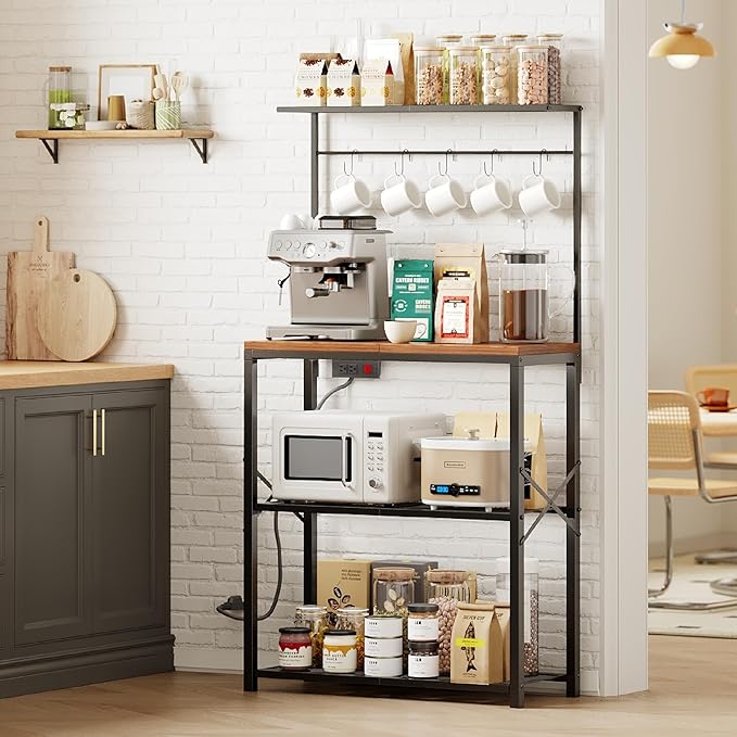 kitchen Bakers Rack with Power Outlet, Coffee Bar Table 4 Tiers, Microwave Stand with 6 S-shaped Hooks, Kitchen Storage Shelf Rack for Spices, Pots and Pans，25.6" L x 12" W x 53.5" H