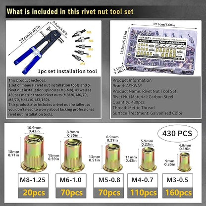 Pressure Rivet Nut Tool Kit, 430Pcs Metric Rivet Nut Combination (M8/M6/M5/M4/M3), Suitable for Furniture, Decoration, Automotive, Marine and Industrial Applications