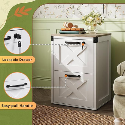 DEVAISE 2 Drawer File Cabinet with Lock, Wood Farmhouse Filing Cabinet for Home Office, Printer Stand Fits Letter and A4 Size, White