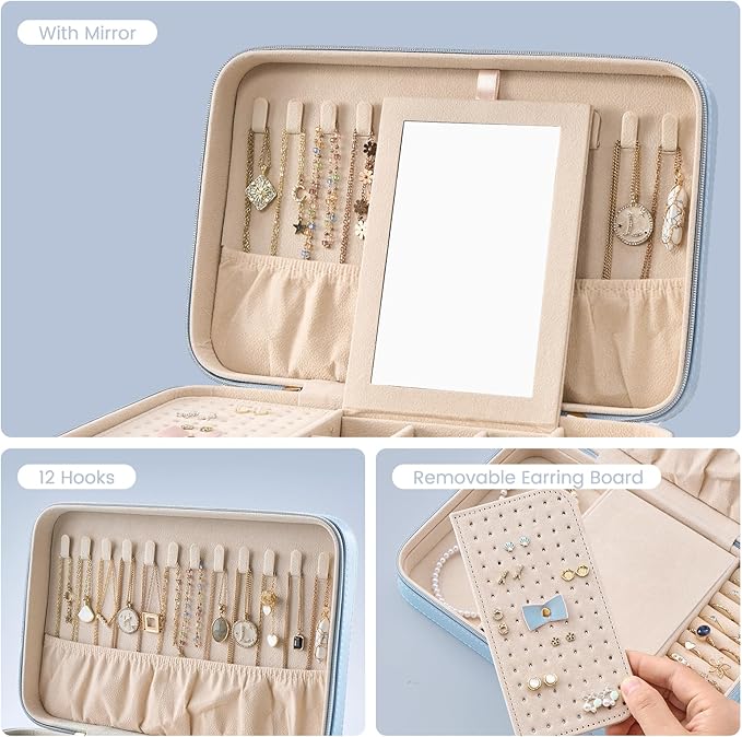 Lolalet Travel Jewelry Case for Women Girls, Travel Jewelry Organizer Box with Mirror & Clear Storage Bag, Small Portable Earring Necklace Bracelet Ring Case, Birthday Valentine Gifts -Large, Blue