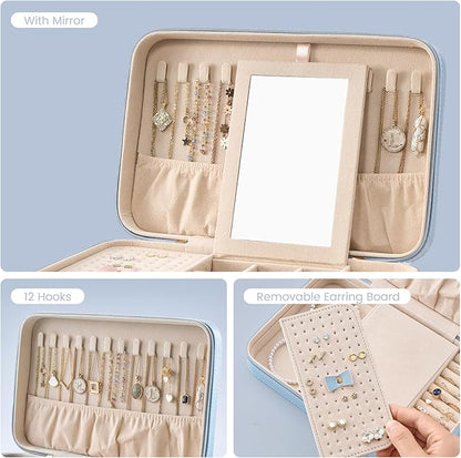Lolalet Travel Jewelry Case for Women Girls, Travel Jewelry Organizer Box with Mirror & Clear Storage Bag, Small Portable Earring Necklace Bracelet Ring Case, Birthday Valentine Gifts -Large, Blue