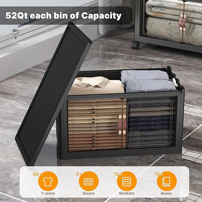 Extra Large Stackable Storage Bins with Lids & Wheels & Door, 260QT-52QT/13GAL*5Pack Foldable Collapsible Closet Organizers, Plastic containers drawers for bedroom Dorm