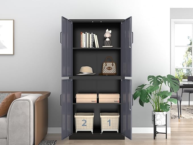 Metal Storage Locking Cabinet, 71" Tall Metal Cabinet with 4 Doors and 2 Adjustable Shelves, Locking Steel Cabinet for Home, School, Office, Gym, Garage Storage (Black Grey)