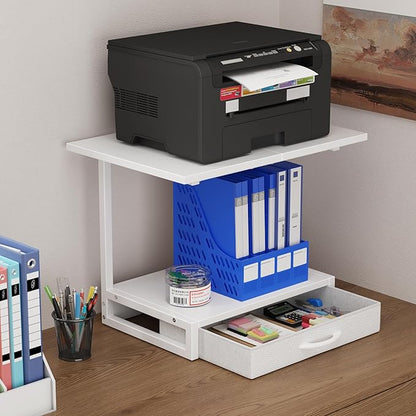 YAOHUOO 2-Tier Desktop Printer Stand with Fabric Drawer, Prtiner Table with Storage Shelf, Desk Organizer for Home Office,3D Printer,Fax Machine,Scanner, 19.6"x14.9" White