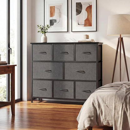 DUMOS TV Stand, Dresser with 8 Fabric Drawers, Spacious Storage Tower for Closet, TV Stand with Wood Top and Mental Frame, Storage Unit for Living Rooms, Bedroom and Entryway, Grey