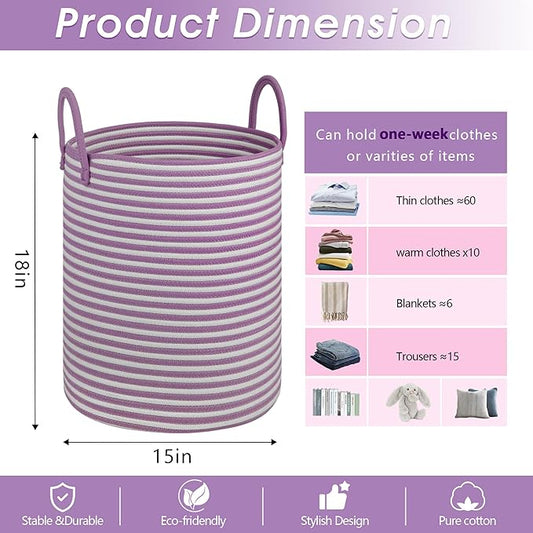 Large Laundry Basket,Laundry Hamper,15''x18'' Cotton Rope Storage Basket with Handles,baby hamper, Nursery Blanket Storage Living Room,toy basket,kids laundry,home decor (white+purple)