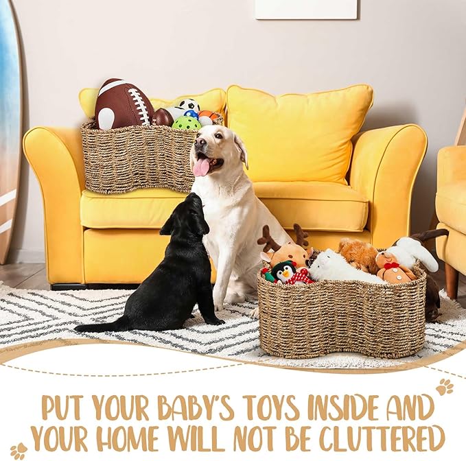 Maxcheck 2 Pcs Dog Toy Basket Bone Shaped Dog Toy Box Bin Handmade Wicker Bone Shaped Basket for Pet Storage Organizer, 2 Sizes 16. 1 x 12. 2 x 7. 1 Inch, 14. 2 x 10. 2 x 6. 3 Inch