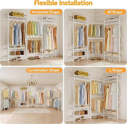 W3 Wall Mounted Closet System, Expandable Clothes Rack Heavy Duty Garment Rack Clothing Rack for Hanging Clothes, Industrial Pipe Closet Rack for Reach in Closet, White