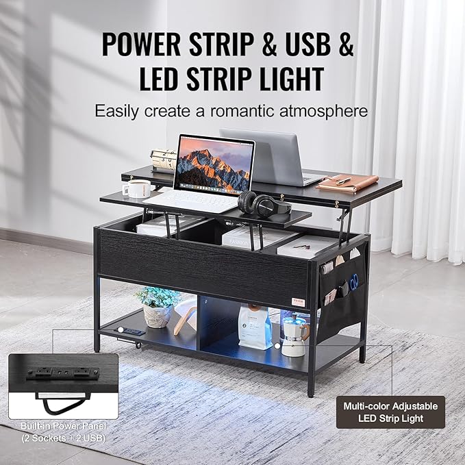 VEVOR 4-in-1 Lift Top Coffee Table, Multi-Function Convertible Coffee Table with Storage and Hidden Compartment, Farmhouse Center Table with Power Outlet & USB & LED Light for Living Room, Home Office