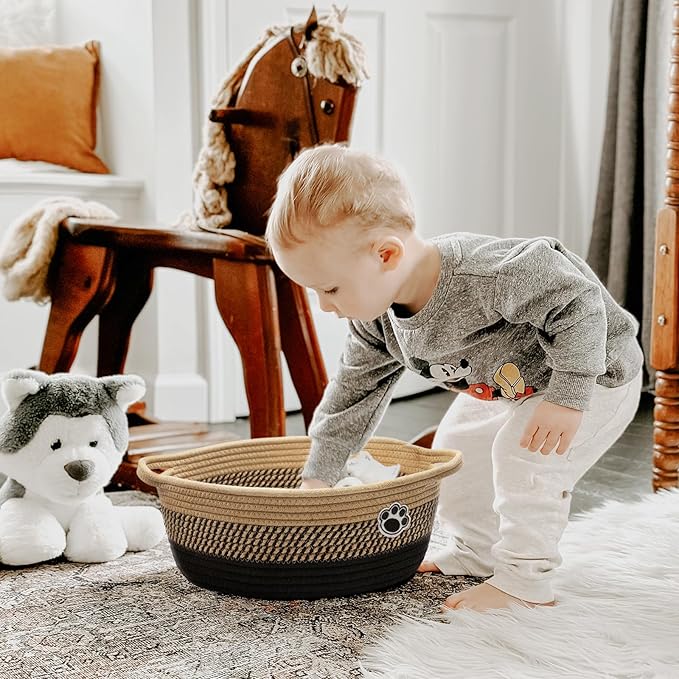 Dog Storage Bin, Baby Basket for Gifting, Wicker Storage Baskets for Dog, Cute Basket with Handles, Small Woven Baskets for Nursery 12"x 8" x 5" Black-Brown