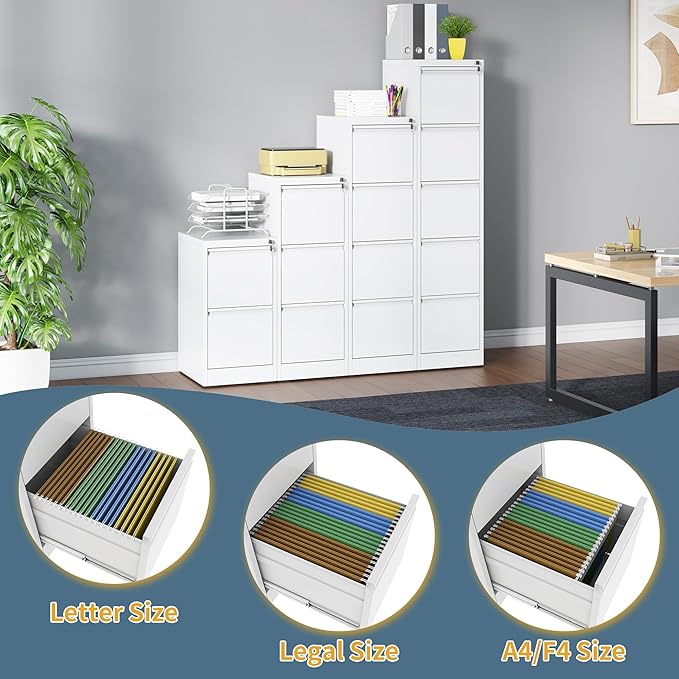 5 Drawer File Cabinet with Lock, Vertical Filing Cabinets for Home Office, Metal Storage Cabinets, Heavy Duty File Cabinet for Letter/Legal/A4/F4 Size Amsseble Required, White