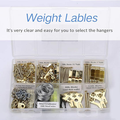 Picture Hangers, Picture Hanging Kit, 225pcs Heavy Duty Frame Hooks Hardware with Nails, Hanging Wire, Screw Eyes, D Ring and Sawtooth for Wall Mounting
