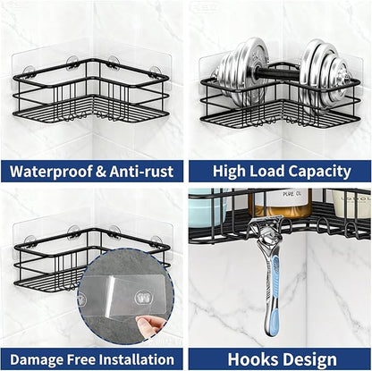 Menbyci Black Shower Caddy Corner Bathroom Shower Shelf, Rust Proof Bathroom Organizer Accessories, Adhesive Shower Basket Storage Rack Shampoo Holder Wall Organization, 2 Pack