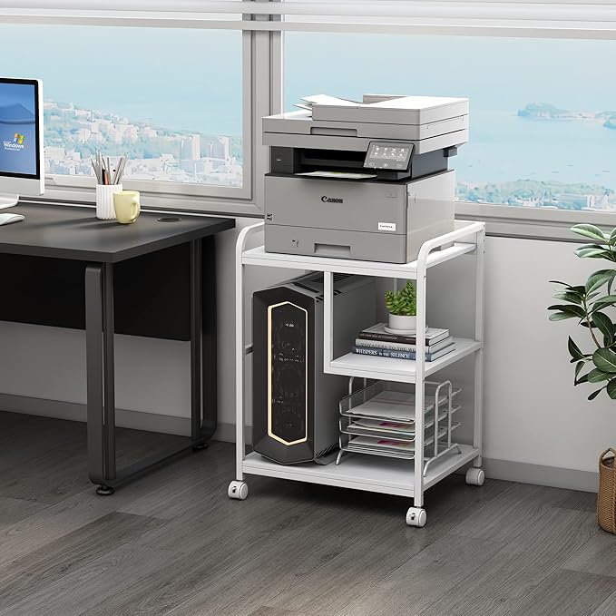 Large Printer Stand Table with Storage Shelf for Host Computer, PC Tower, CPU and Shredder, 3 Tier Rolling Printer Cart with Wheels for Home Office Storage and Organization - White