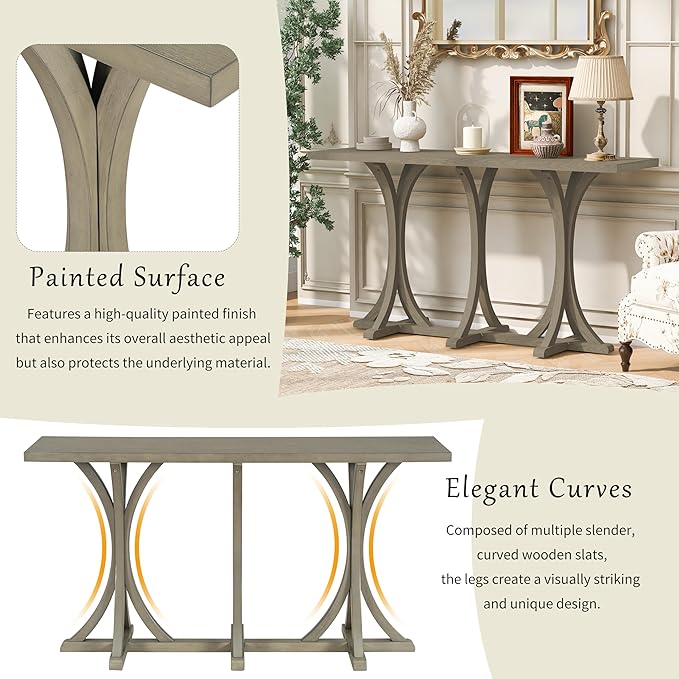 59.8" Wooden Console Table with Oak Veneer Top,Farmhouse Entryway Table with Rubber Wood Slender Curved Legs,Perfect for Living Room,Entryway,Hallway,Grey