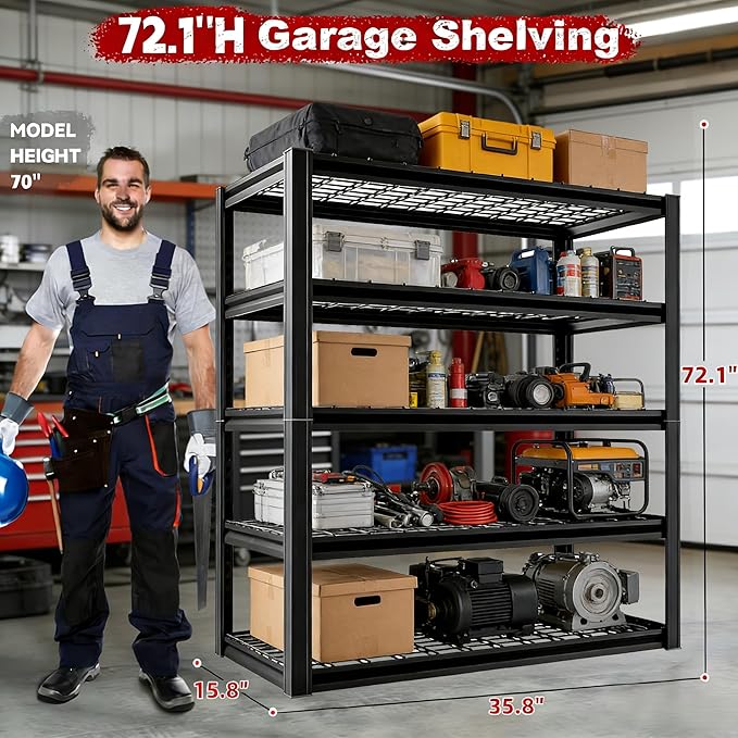 35" W Father&I 5-Shelf Industrial Adjustable Heavy-Dudy Tall Metal Garage Storage Shelves Shelving Units/Steel Wire Rack System (Commercial) for Basement/Shop, 72" H*35" W*15.7" D, Black