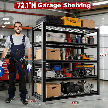 35" W Father&I 5-Shelf Industrial Adjustable Heavy-Dudy Tall Metal Garage Storage Shelves Shelving Units/Steel Wire Rack System (Commercial) for Basement/Shop, 72" H*35" W*15.7" D, Black
