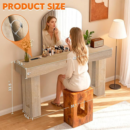 63 Inch Long Entryway Table Hollow, Wooden Console Table with Socket Farmhouse Sofa Table for Entrance, Hallway, Living Room,Behind Couch(Oak Brown)