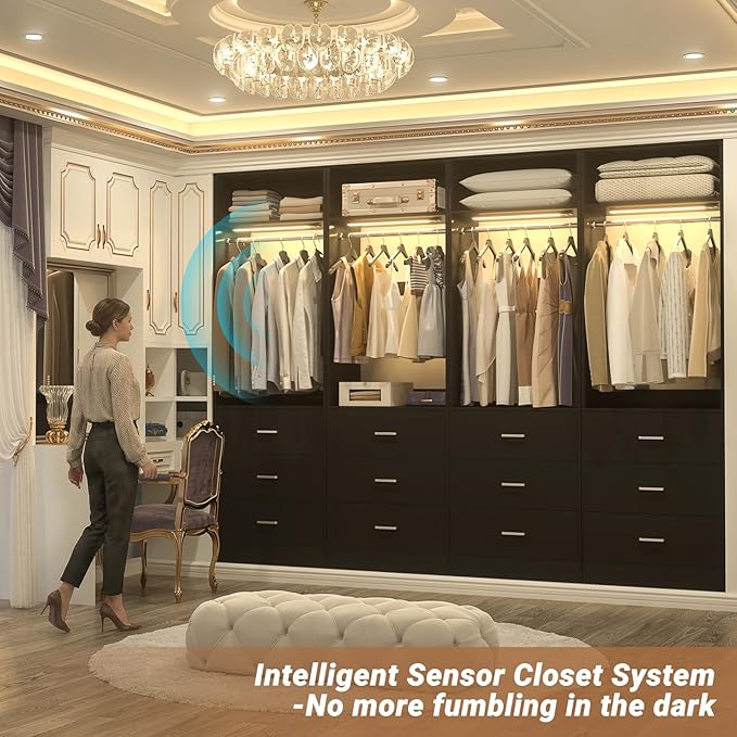 4FT Closet System with 2 Motion Sensor LED Lights, 48" Closet Systems with 6 Drawers, Closet Organizer System with 2 Hanging Rods & 2 Shelves, Heavy Duty 48 Inch Walk-in Closet, Black