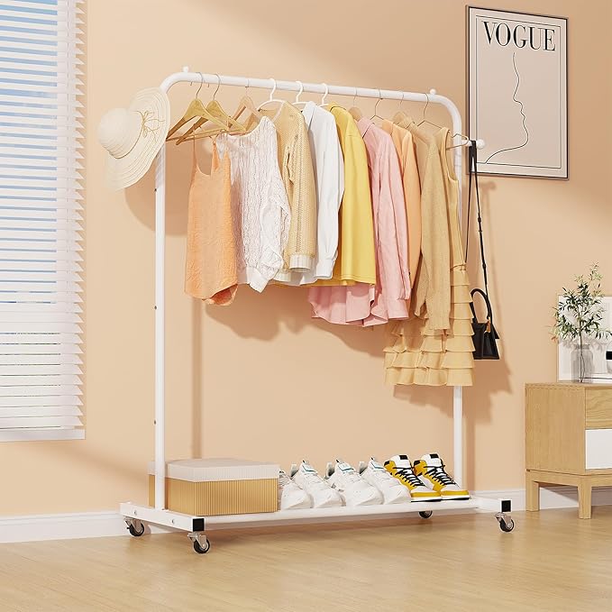 Sywhitta Clothing Rack on Wheels with Storage Shelf & Sturdy Metal Frame, Retail Clothing Rack for Hanging Clothes, Coats, Skirts,Space-Saving Mobile Organizer for Closet, Bedroom, Laundry Room, White