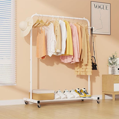 Sywhitta Clothing Rack on Wheels with Storage Shelf & Sturdy Metal Frame, Retail Clothing Rack for Hanging Clothes, Coats, Skirts,Space-Saving Mobile Organizer for Closet, Bedroom, Laundry Room, White