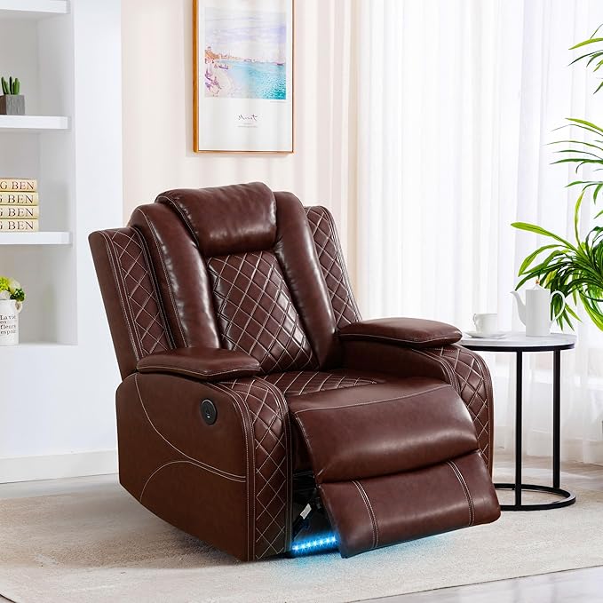 Brown Leather Power Recliner Chair, Power Living Room Furniture Sets with LED, Reclining Chair with Center Console, Storage,Cup Holders,Recliner Couch for Living Room, Meeting Room,Brown