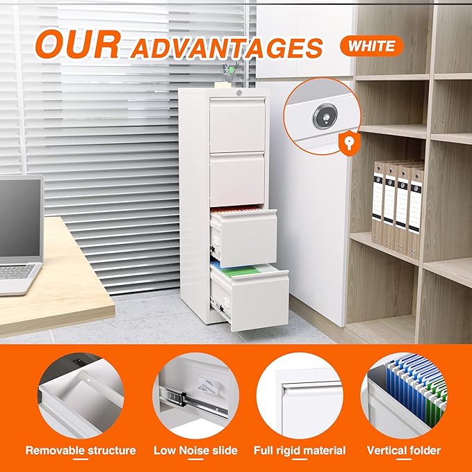 Metal Vertical File Cabinet with Lock,File Cabinet with 4 Drawer for Letter,Legal,F4,A4,14.96" W x 17.72" D x 52.36" H, Assembly Required,White