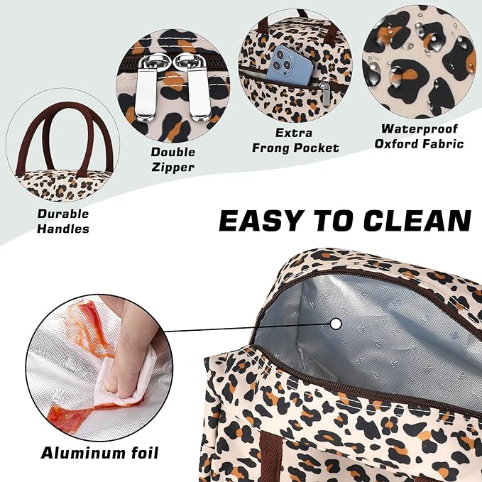 BALORAY Lunch Bag for Women Men Cute Reusable Insulated Lunch Box Large Capacity Lunch Tote Bag for Work, Picnic or Travel (Zipper Leopard)