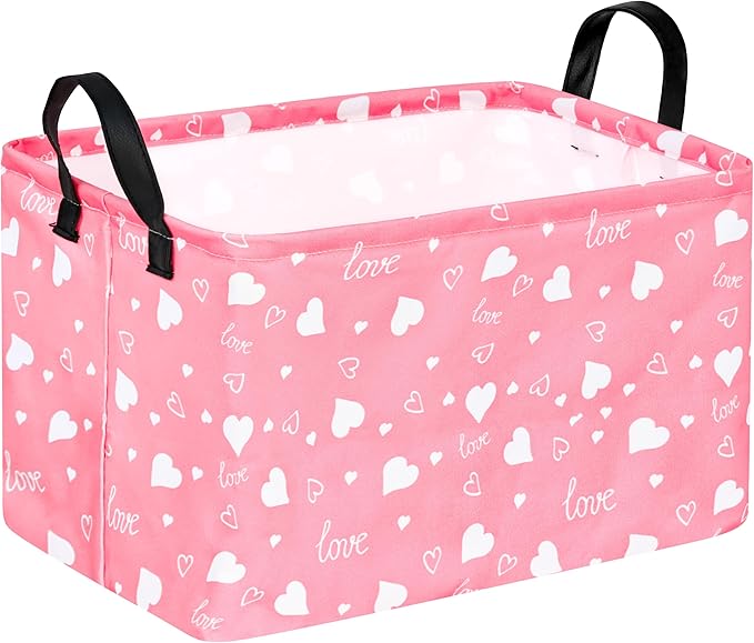 KUNRO Rectang Heart Pattern Valentine's Storage Basket Gift Shelf Basket Storage Bin, Nursery Basket Organizer Box for With Handles for Room Deco