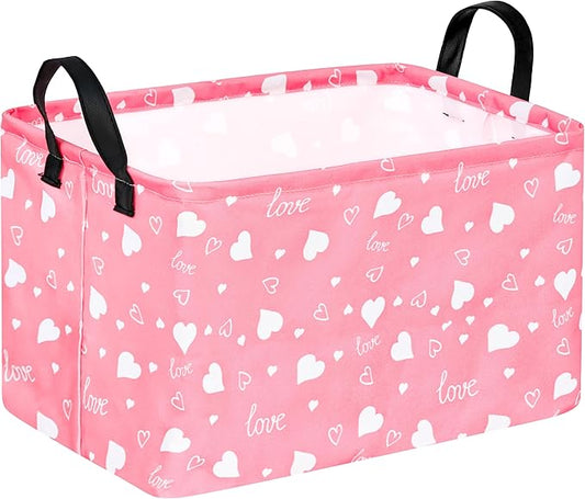 KUNRO Rectang Heart Pattern Valentine's Storage Basket Gift Shelf Basket Storage Bin, Nursery Basket Organizer Box for With Handles for Room Deco