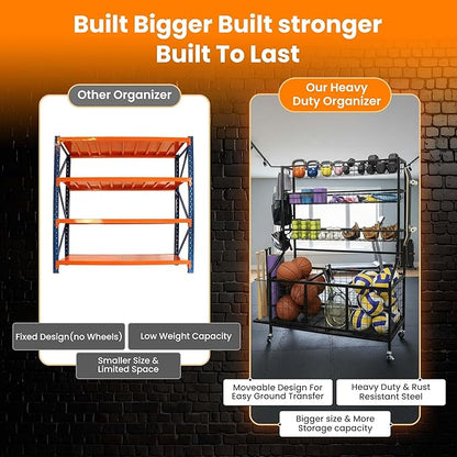 AMPLY Sports Equipment Organizer, Rolling Sports Ball Storage Garage Rack with Large Ball Bins, Side Bat Grid and Multi-Tier Shelves, Steel Rust-Resistant Gear Cart for Families, Schools, Gyms