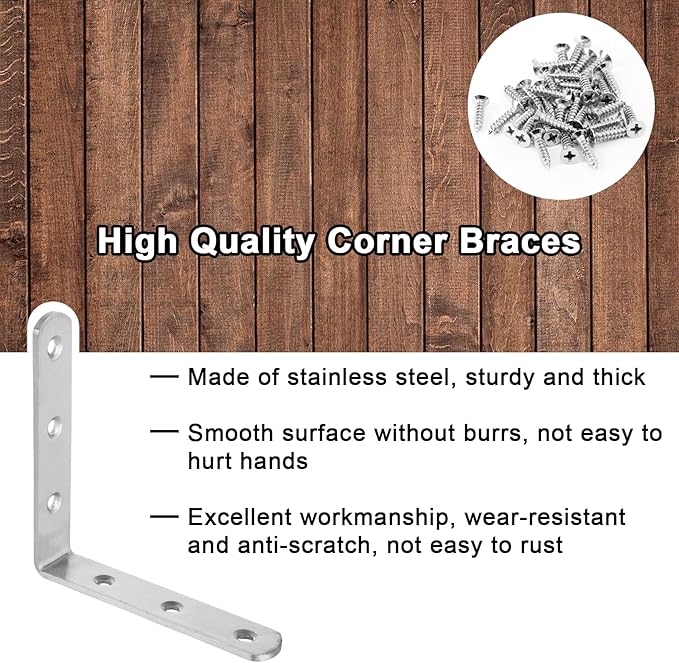 16PCS 4x4 Inch Stainless Steel L Bracket for Shelves, 90 Degree Joint Right Angle Bracket, Heavy Duty Corner Braces with Screws for Wood, Furniture, Brushed Nickel
