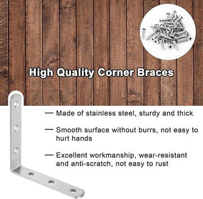 16PCS 4x4 Inch Stainless Steel L Bracket for Shelves, 90 Degree Joint Right Angle Bracket, Heavy Duty Corner Braces with Screws for Wood, Furniture, Brushed Nickel