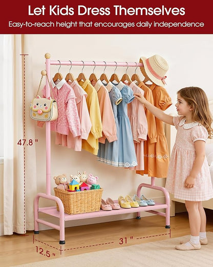 Clothes Rack - Sturdy Metal Kids Clothing Rack with Bottom Storage Shelf & Adjustable Feet, Dress Up Storage for Toddler's Bedrooms, Nurseries, Playrooms, 31" x 12.5" x 47.8", Pink
