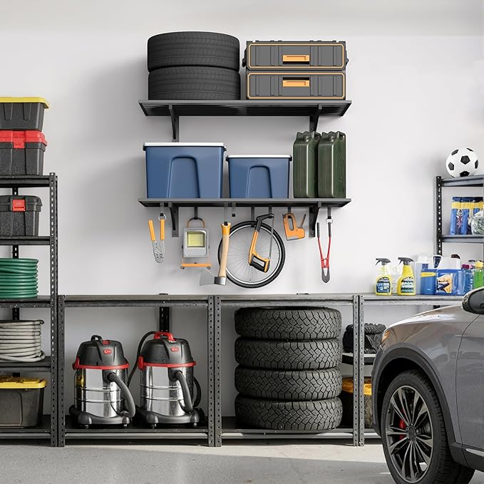 2-Pack 2x4ft Garage Shelving Wall Mounted, Heavy Duty Garage Wall Shelving with Hooks, 500 lbs Capacity Industrial Storage Shelves for Garage Organization